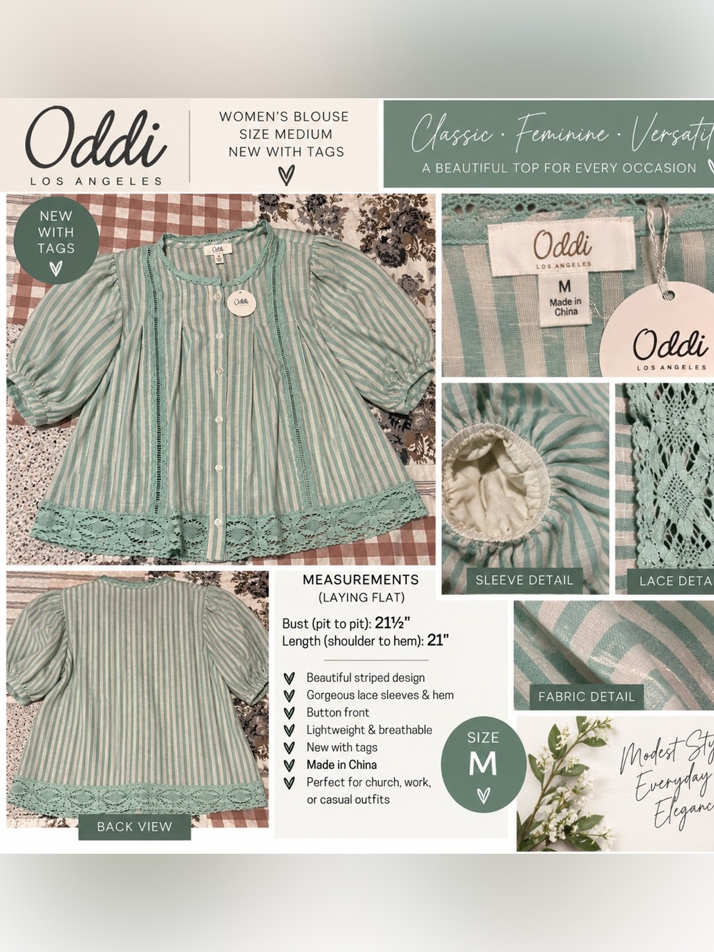 ODDI NWT Medium Lace Sleeve Blouse Top Elegant Feminine
